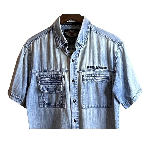 Harley Davidson Unisex Short Sleeve Denim Distressed Shirt Biker - Picture 3 of 8